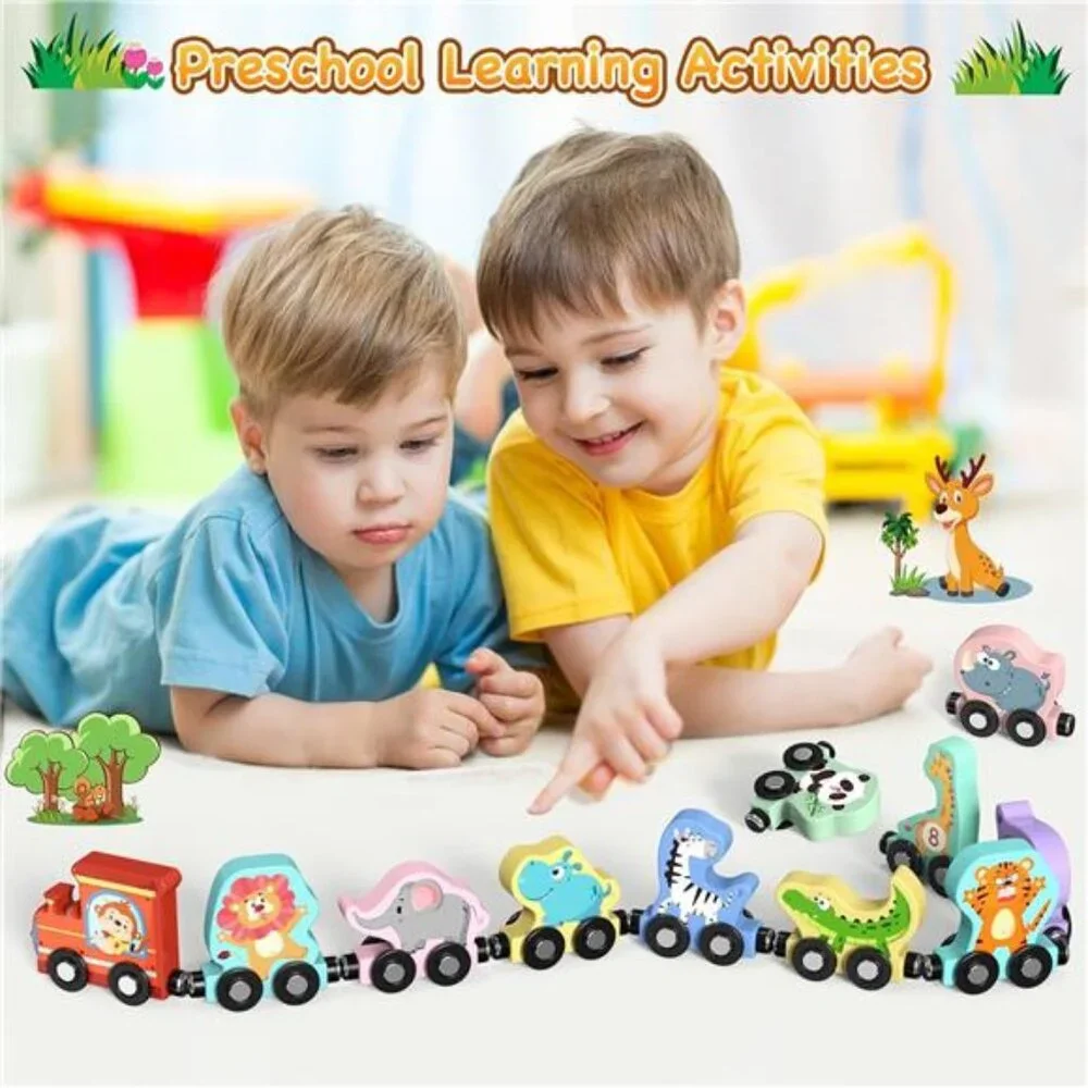 Toys for Toddlers, 11 Magnetic Wooden Animals Train Set, Montessori Toys